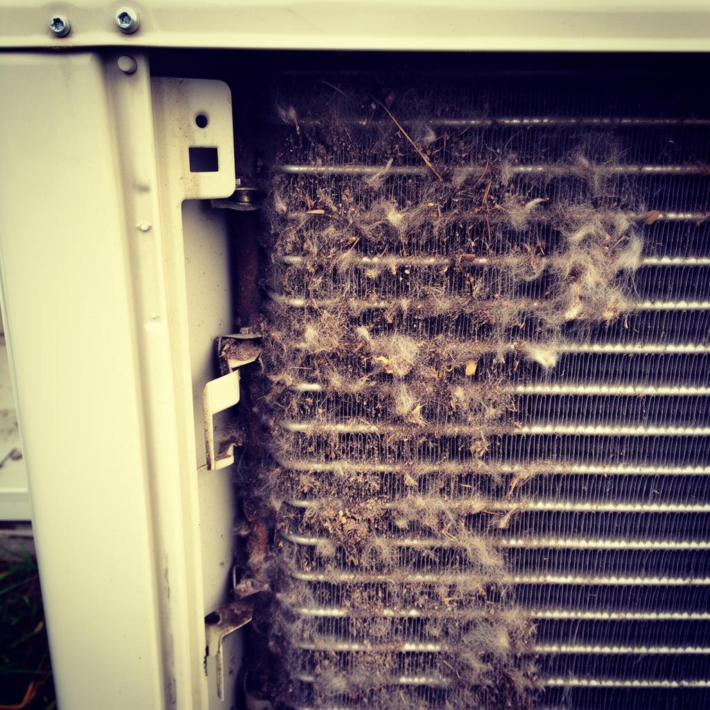 Dirty AC condenser coil packed with debris at an Ogden UT home