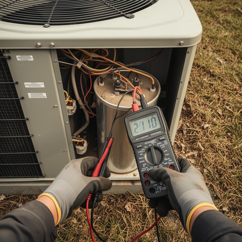 HVAC technician testing an AC capacitor with a multimeter during a service call in Ogden UT